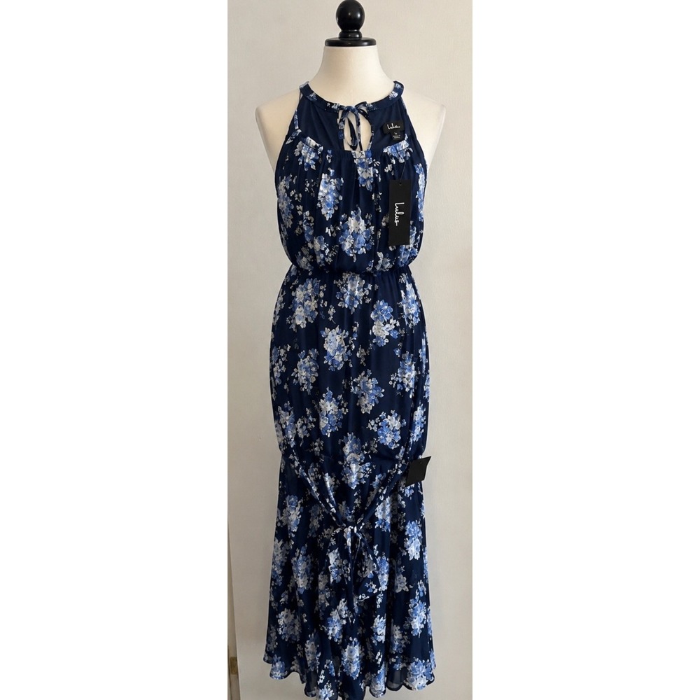 LULUS Extravagant Entrance Navy Floral Pleated Halter Maxi Dress Size L NWT